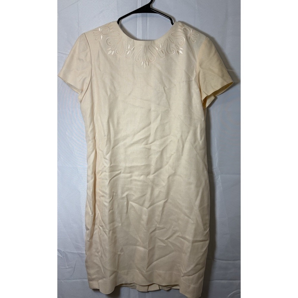 Vintage Liz Claiborne Sheath Dress Cream Embroidered Button Back Lined Size 12
